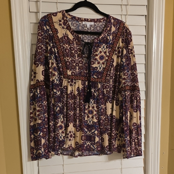 DR2 Tops - DR2 Purple and Blue Long Sleeve Smocked Blouse